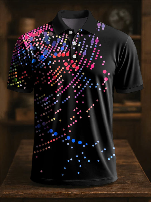 Męska abstrakcyjna, kolorowa koszulka polo w stylu retro z artystycznym nadrukiem, idealna do noszenia na co dzień i do pracy