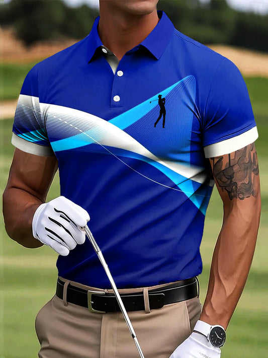 Męska koszulka polo biznesowa z falami w paski z teksturowanym nadrukiem artystycznym