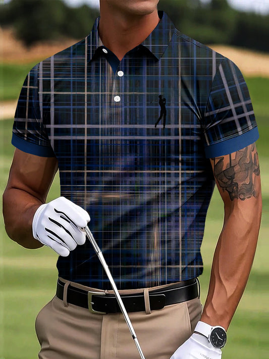 Męska klasyczna koszulka polo w kratkę z nadrukiem artystycznym Casual Business