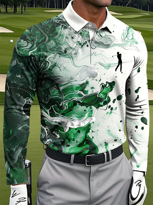 Męska abstrakcyjna marmurowa tekstura artystyczna drukowana na co dzień biznesowa koszulka polo z długim rękawem