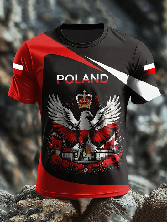 Retro polska flaga z białym orłem, abstrakcyjny artystyczny nadruk, codzienna koszulka