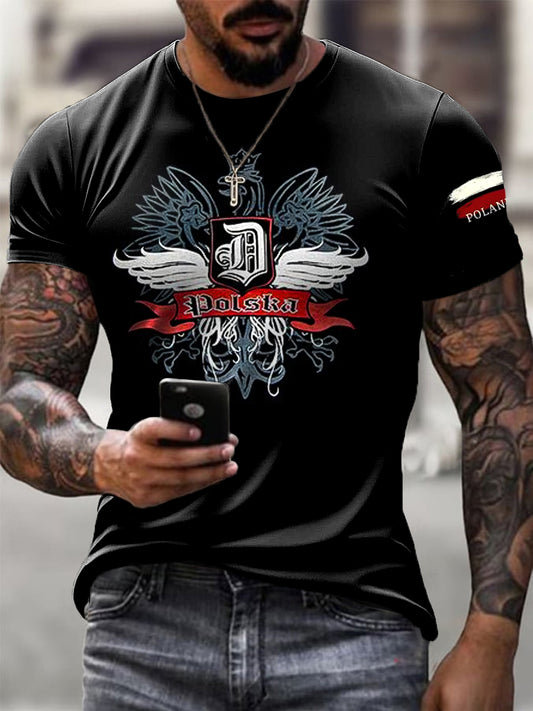 Męska koszulka z nadrukiem artystycznym z flagą polskiego orła
