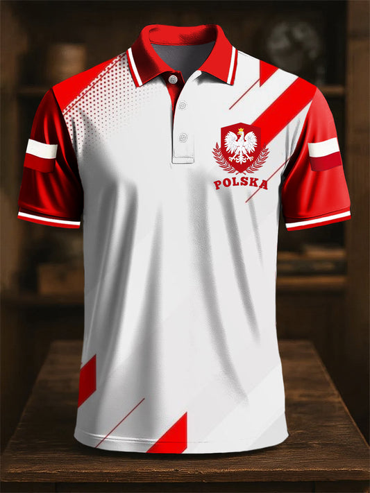 Retro Godło Polskiej Flagi Geometryczny Art Print Casual Koszulka polo
