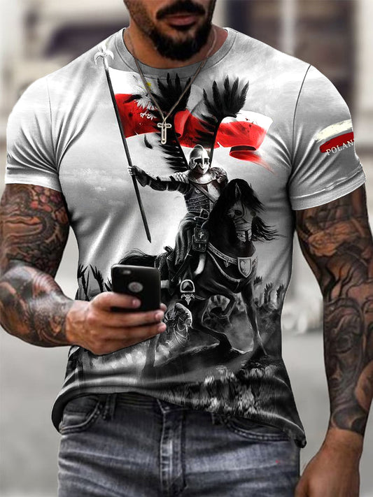 Męska koszulka w stylu retro z polską flagą Hussar art print casual