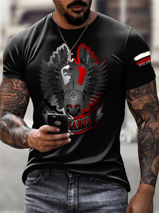 Męska koszulka z nadrukiem w stylu vintage, przedstawiającym husarza polskiego w abstrakcyjnej stylistyce