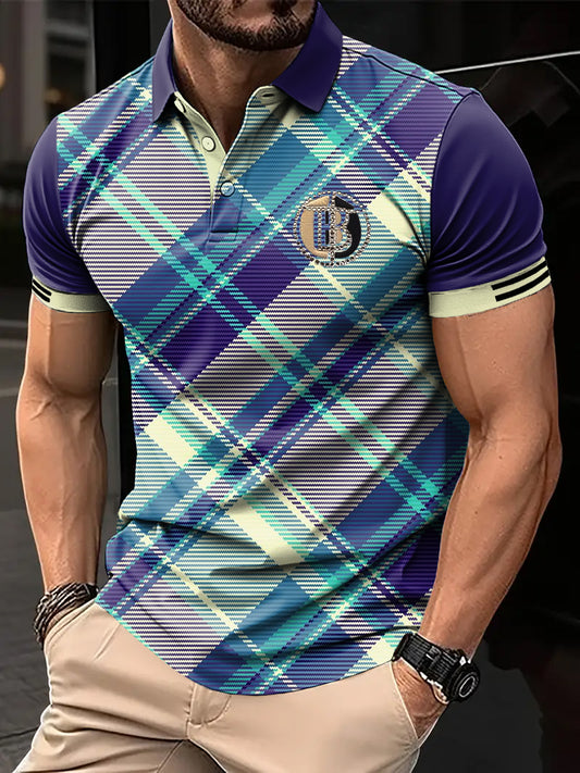 Wielokolorowa męska koszulka polo biznesowa z nadrukiem w stylu retro w kratkę