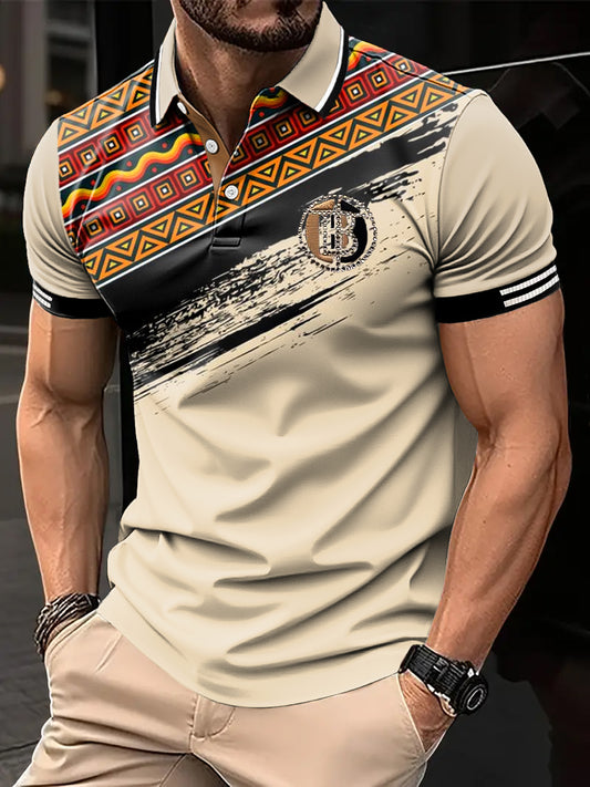 Męska retro etniczna geometryczna patchwork z nadrukiem Casual Business Polo Shirt