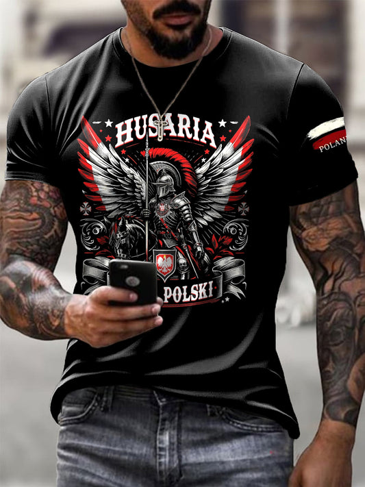 Męska koszulka w stylu vintage z polską flagą Hussar Art Print Casual