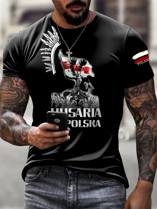 Męska koszulka w stylu vintage z polską flagą Hussar Art Print Casual