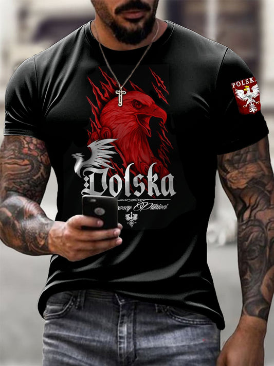 Męski Vintage Polski Orzeł Patriot Art Print Casual T-Shirt
