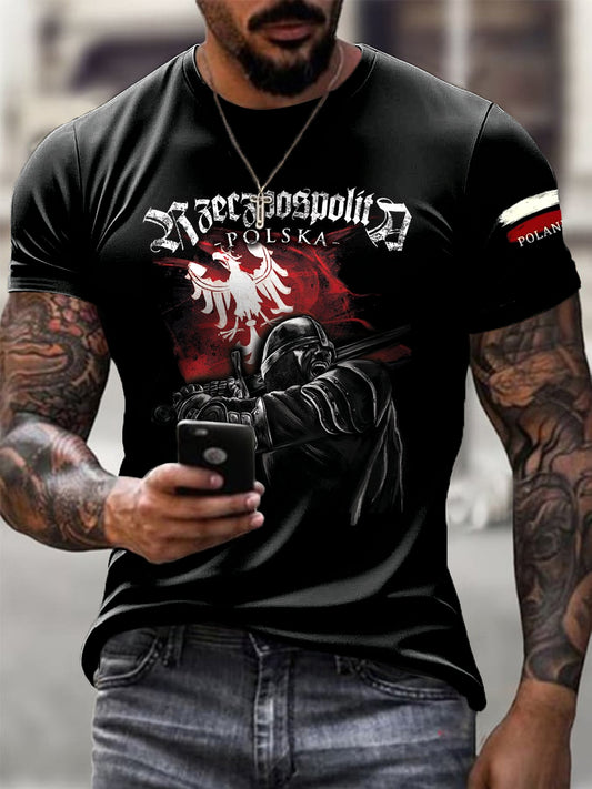 Męska koszulka z nadrukiem artystycznym w stylu vintage flaga polska z flagą narodową husarską