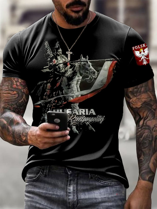 Męska koszulka w stylu vintage abstrakcyjna z polską flagą Hussar Art Print Casual