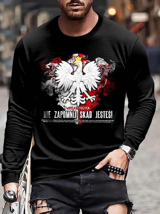 Męskie Vintage Polski Orzeł Flaga Patriot Art Print Casual Koszulka z długim rękawem