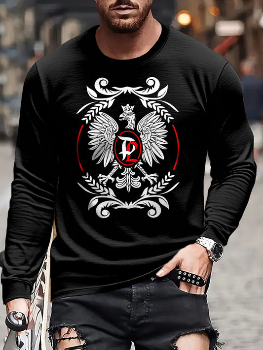 Męski Vintage Polski Orzeł Flaga Totem Art Print Casual Koszulka z długim rękawem