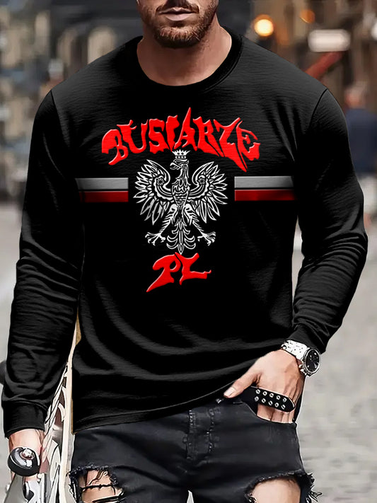 Męska Vintage Polska Flaga Orła Białego Patriot Art Print Casual Koszulka z długim rękawem