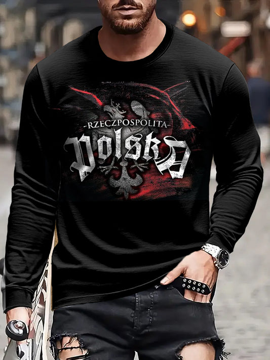 Męskie Vintage Streszczenie Polski Orzeł Flaga Art Print Casual Koszulka z długim rękawem