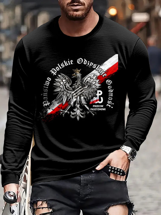 Męski Vintage Polski Orzeł Flaga Patriot Abstrakcyjny Nadruk Casual Długi Rękaw T-Shirt