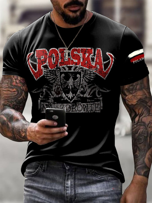 Męska koszulka z nadrukiem artystycznym w stylu retro z polską flagą