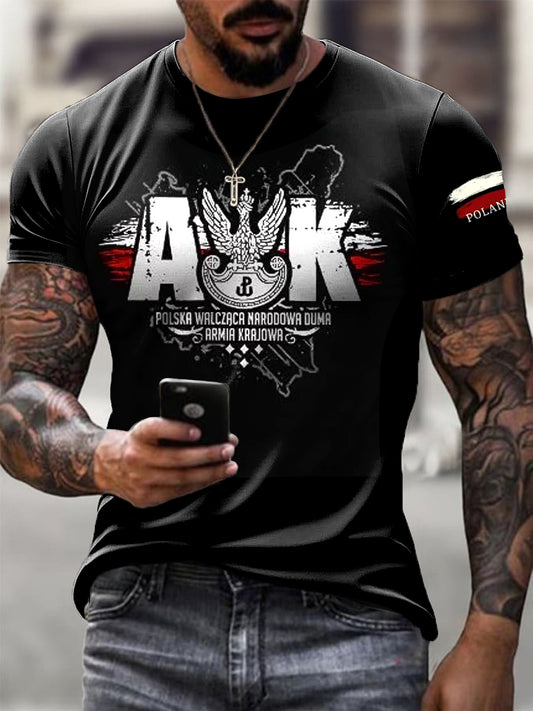 Męska koszulka z nadrukiem w stylu retro Polski Home Town w stylu wojskowym