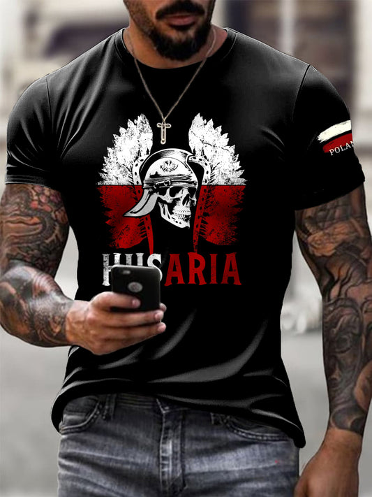 Męska koszulka z nadrukiem kawalerii w stylu retro z polską flagą