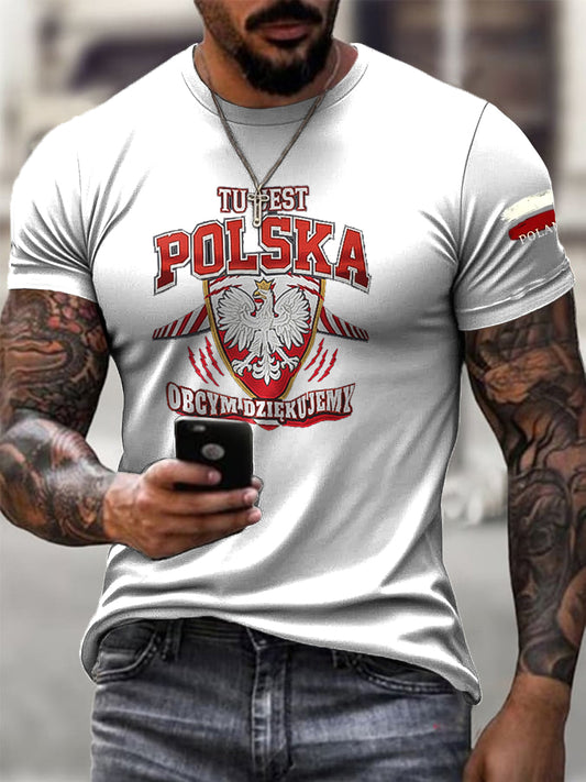 Męska koszulka z nadrukiem artystycznym w stylu retro z polską flagą