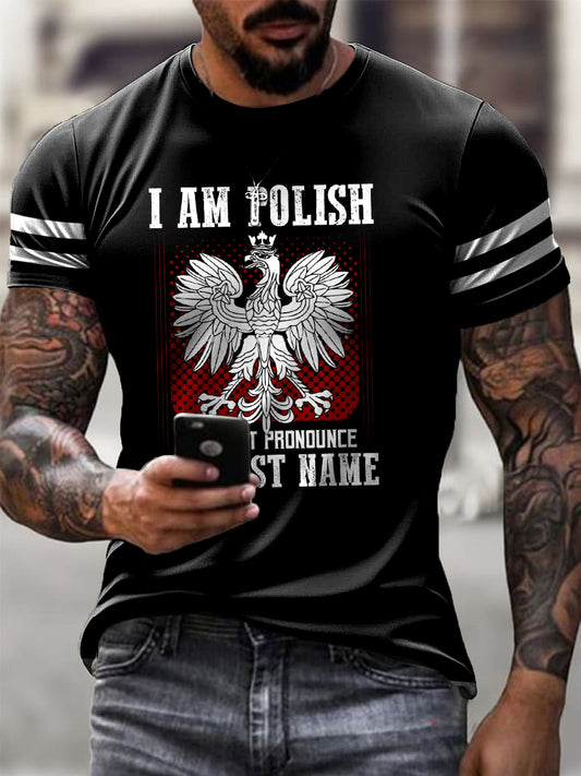 Męskie Retro Polski Biały Orzeł Paski Patchwork Print Casual T-Shirt