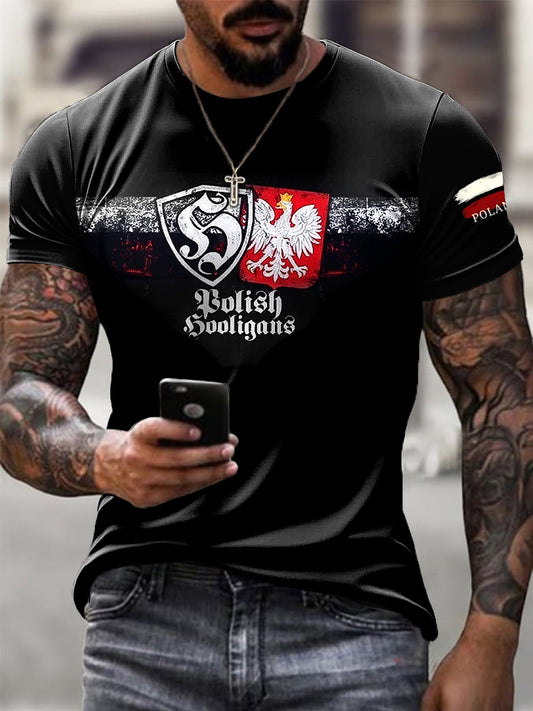Męskie Retro Polski Orzeł Flaga Totem Nadruk Casual T-Shirt