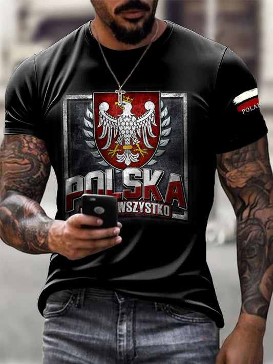 Męskie Retro Polski Orzeł Flaga Odznaka Nadruk Casual T-Shirt