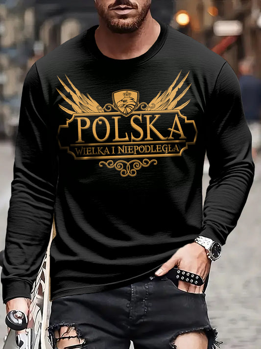 Męska Retro Polski Orzeł Odznaka Art Print Casual Koszulka z długim rękawem