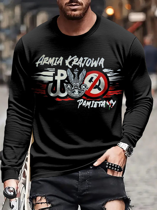 Męska koszulka z długim rękawem w stylu retro polska straż domowa Patriot Art Print Casual