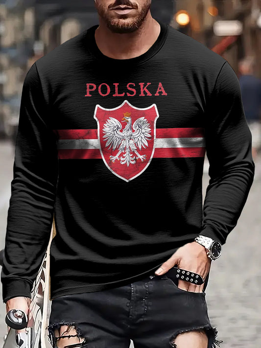 Męska koszulka z długim rękawem w stylu retro z nadrukiem polskiej flagi