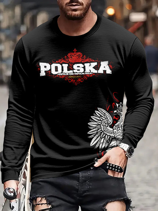 Męska koszulka z długim rękawem w stylu vintage w trudnej sytuacji z polskim orłem w stylu artystycznym