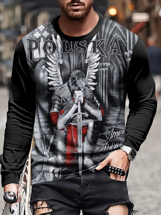 Męska koszulka z długim rękawem w stylu retro z polską flagą kawalerii