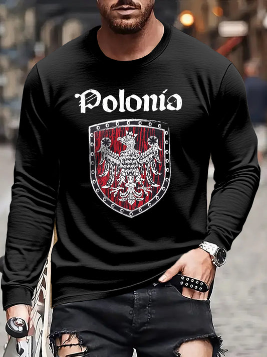 Męski retro polski herb z białym orłem, nadrukowany na casualowej koszulce z długim rękawem