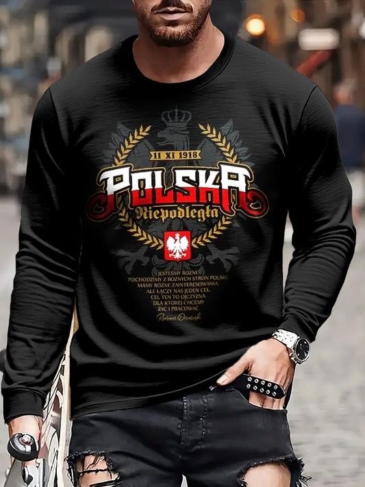 Męska koszulka z długim rękawem z nadrukiem patriotycznym w stylu retro z flagą Polski