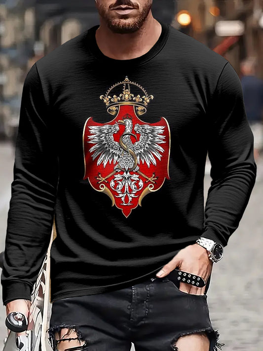 Męska retro polska naszywka z flagą, artystyczny nadruk, codzienna koszulka z długim rękawem