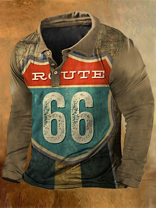 Męska koszulka z luźną koszulką z długim rękawem w stylu retro na trasie z nadrukiem w klapie