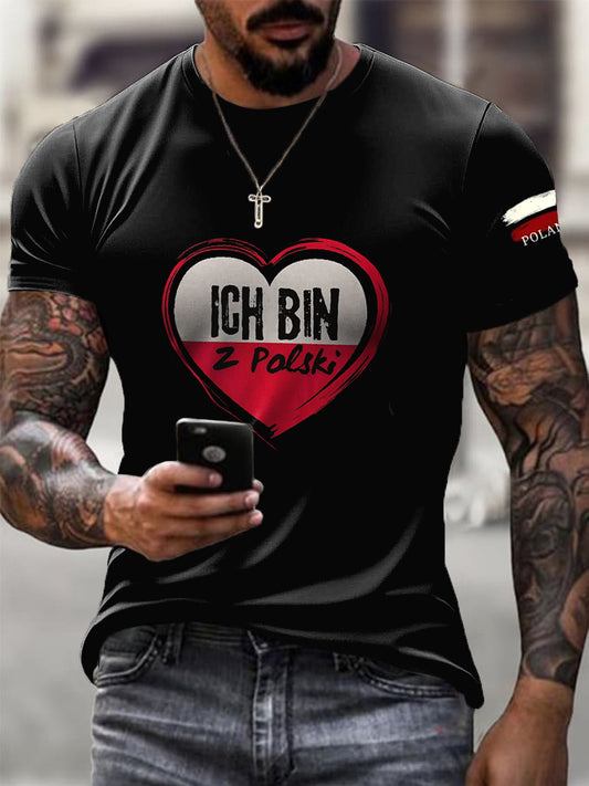 Męska polska flaga miłosna wzór czarna casualowa koszulka