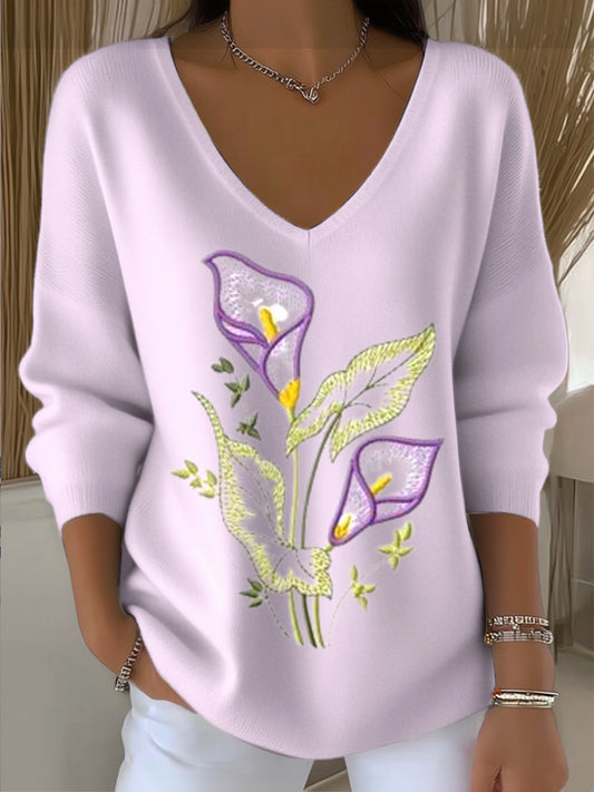 Prosty i piękny damski haft z kwiatem podkowy jasnofioletowy sweter z dekoltem w szpic