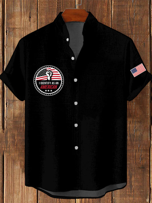 Męski Vintage I identyfikuje się jako amerykański nadruk dorywczo bawełniana koszula kieszonkowa z krótkim rękawem