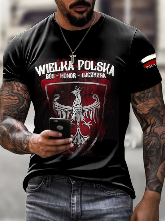 Męskie Retro Biały Orzeł Emblemat Abstrakcyjny Casual T-Shirt