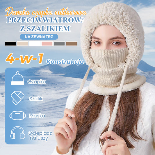 Damski zimowy jednoczęściowy czapka z dzianiny, szalik, maska 4 w 1 kominiarka