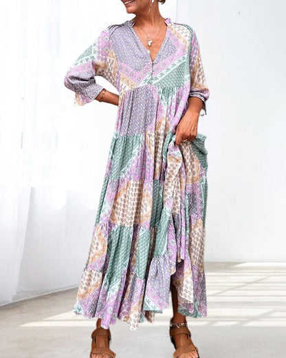 【M-3XL】🌈 Sukienka z nadrukiem w blokach kolorowych z 3/4 rękawami