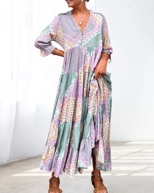 【M-3XL】🌈 Sukienka z nadrukiem w blokach kolorowych z 3/4 rękawami