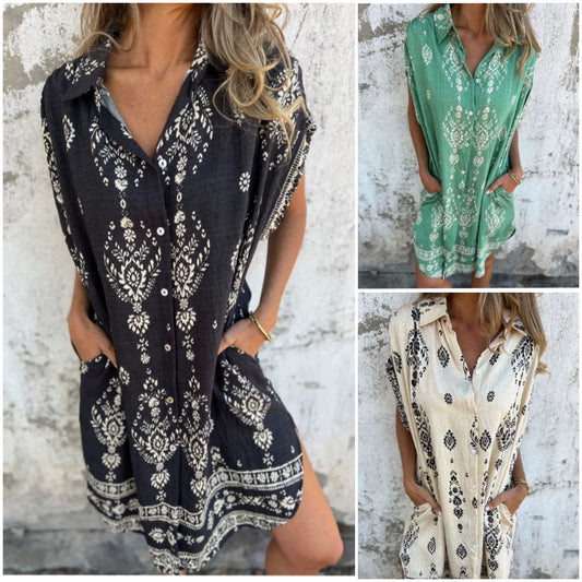 【S-3XL】💞Klasyczna bawełniana lniana sukienka z nadrukiem