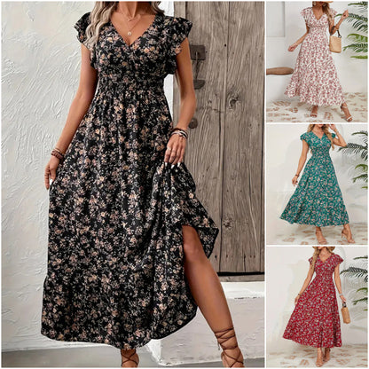 Lekka sukienka maxi z kwiatowym dekoltem w serek
