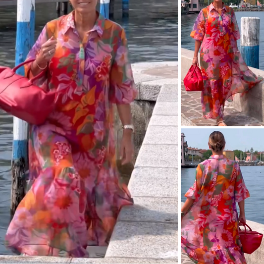 Czerwona szyfonowa sukienka w kwiaty