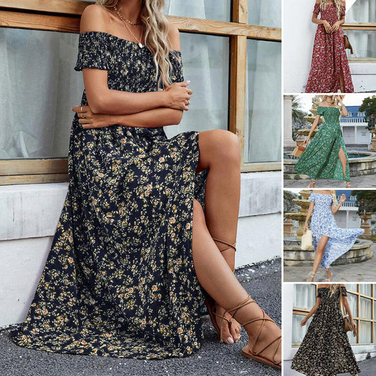 Elegancka damska sukienka z odkrytymi ramionami w kwiatowy wzór