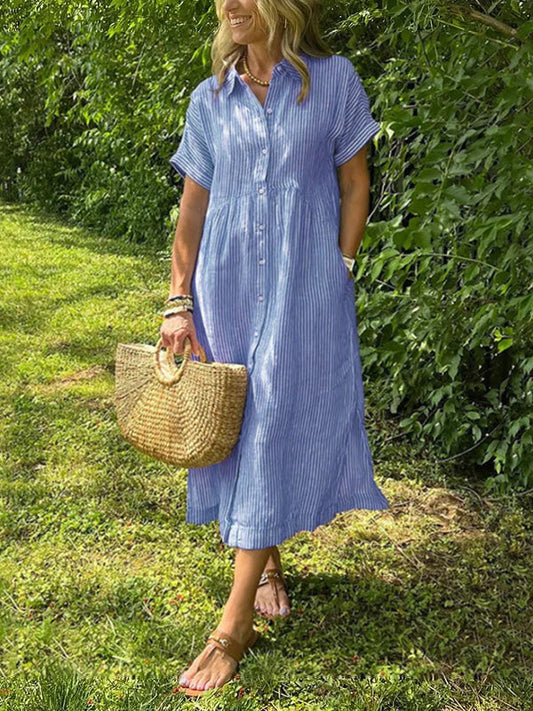 👗 Koszulowa sukienka w paski z kieszeniami, klapami i guzikami