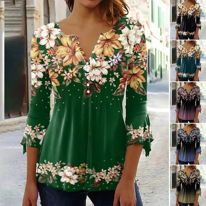 【🌹Bezpłatny naszyjnik z 1 różą】Elegancki damski top z dekoltem w kształcie litery V z kwiatowym nadrukiem